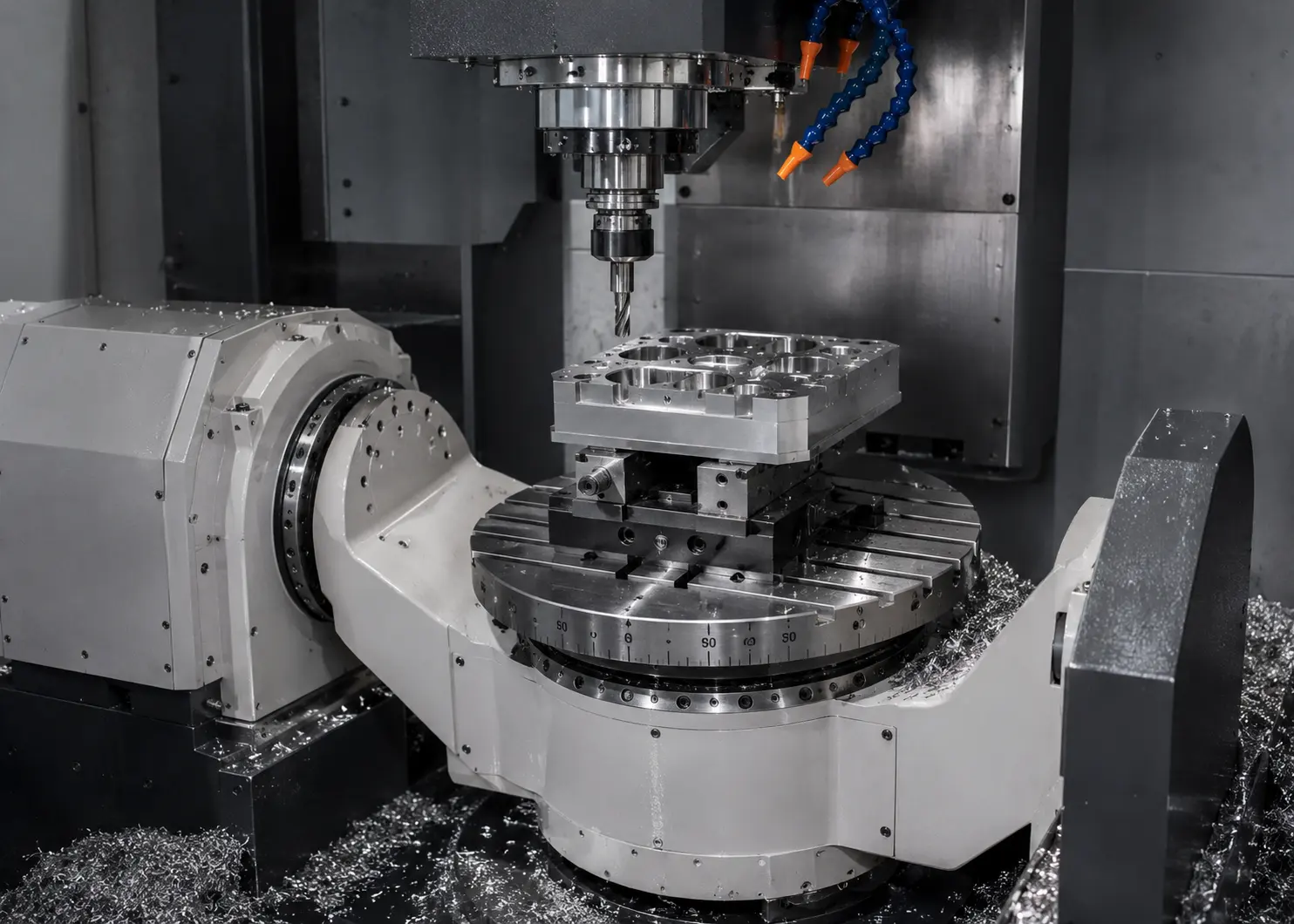 Positional 3+2 indexable CNC milling process executed on a multi-axis machining center at FIWOK. A heavy-duty trunnion rotary table securely fixtures a custom prismatic aluminum part, with the spindle aligned to machine deep pocket features amidst metal chips.