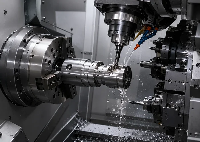 High-precision multi-axis CNC turn-milling center at FIWOK, utilizing live rotary tools and concurrent turret alignment to mill off-axis features, keyways, and cross holes on a concentric steel shaft in a single consolidated setup.