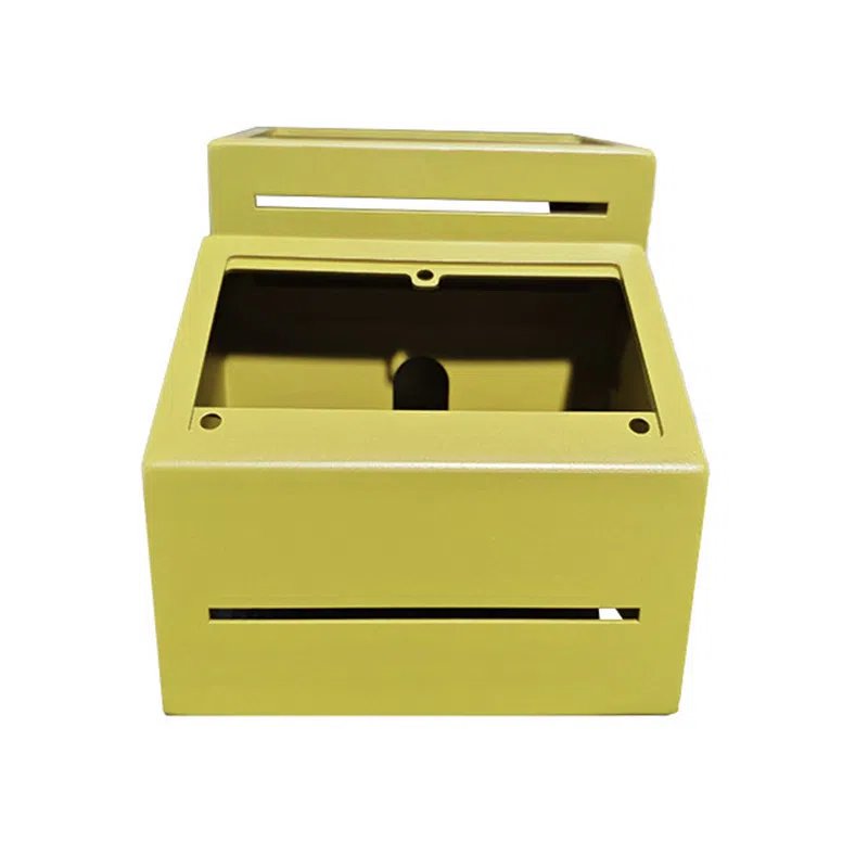 Custom-formed yellow powder-coated sheet metal electrical enclosure and instrument instrument housing with precision-bent flanges and window cutouts.