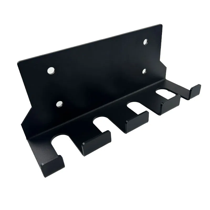 Custom powder-coated black sheet metal mounting bracket with precision bent hooks and laser-cut installation holes, fabricated by FIWOK for industrial equipment mounting.