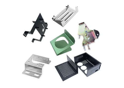 Precision sheet metal fabrication process showcasing custom bent parts, laser-cut mounting brackets, zinc-plated mechanical linkages, and powder-coated electronic chassis assemblies.