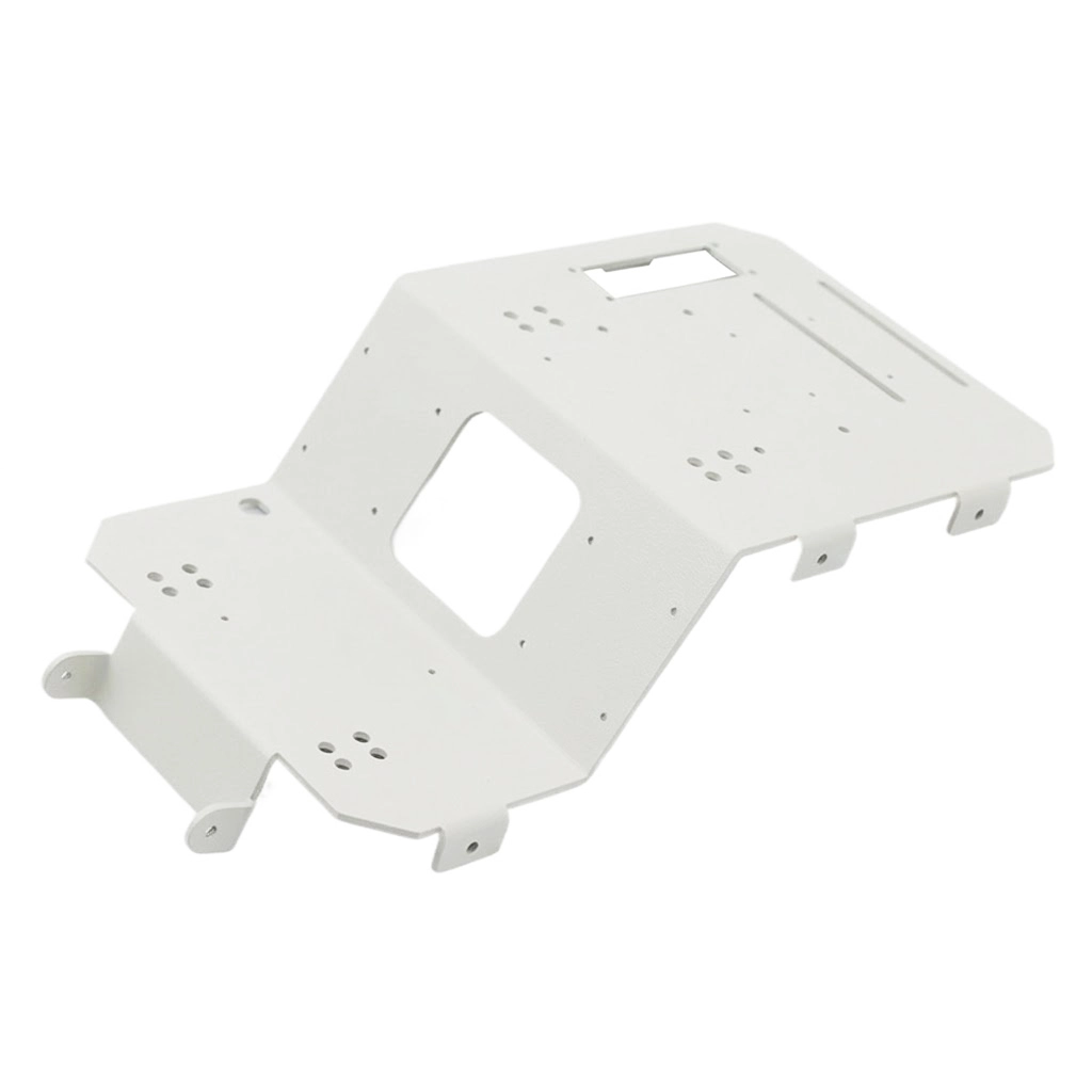 Precision-bent white powder-coated sheet metal mounting frame with multiple installation holes and custom rectangular cutout, fabricated by FIWOK as a heavy-duty structural support.