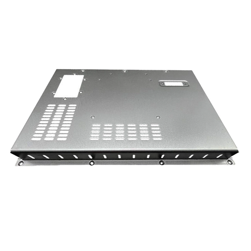 Precision laser-cut sheet metal cover panel with deburred ventilation slots and rectangular mounting cutouts, displaying a clean grey protective coating.
