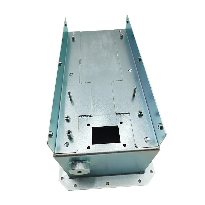 Welded steel sheet metal enclosure assembly with spot-welded threaded studs and precision laser-cut port openings, passivated for corrosion resistance.