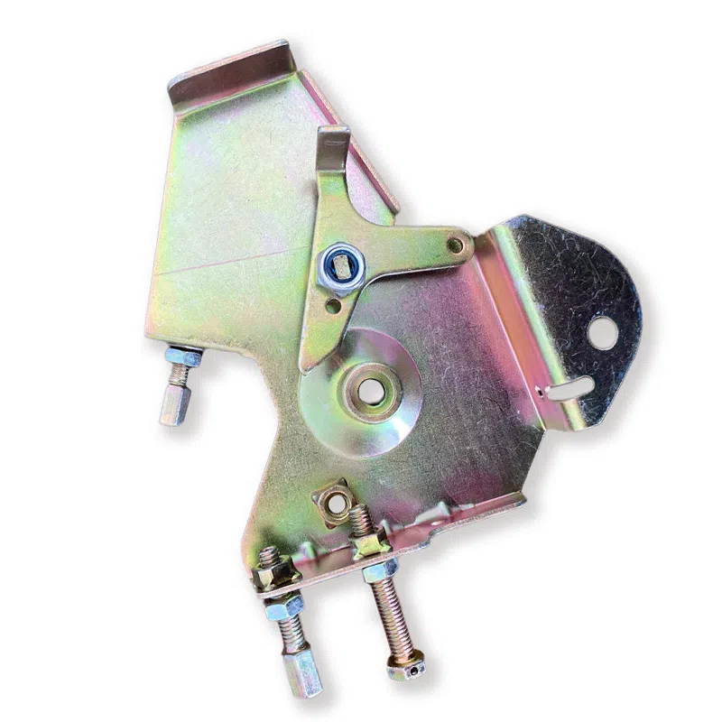 Rainbow zinc-plated sheet metal pivot bracket with pre-installed PEM captive fasteners, self-clinching studs, and adjusting screws for mechanical assemblies.