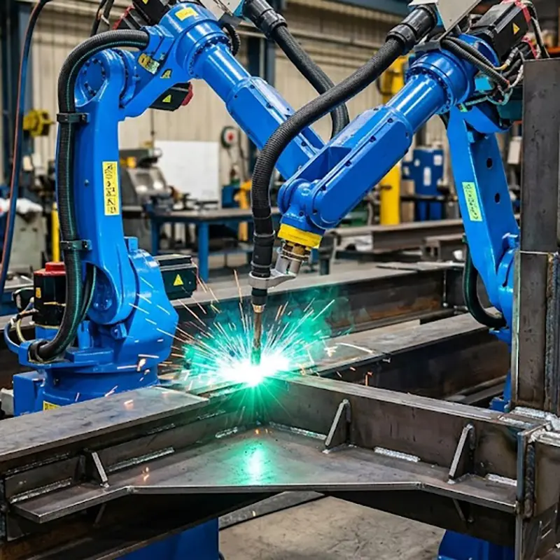 Automated robotic arm MIG and TIG welding process executing structural joining on heavy-duty sheet metal frames.