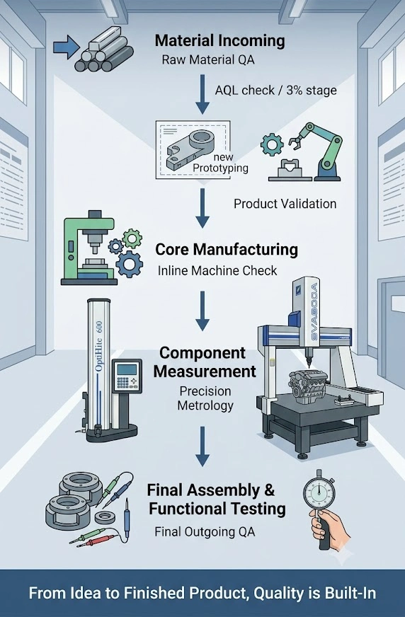 Quality Control Integrated Into Every Production Stage diagram showing raw material QA, prototyping validation, in-line machine check, precision metrology with height gauge and CMM, and final inspection for custom metal parts.