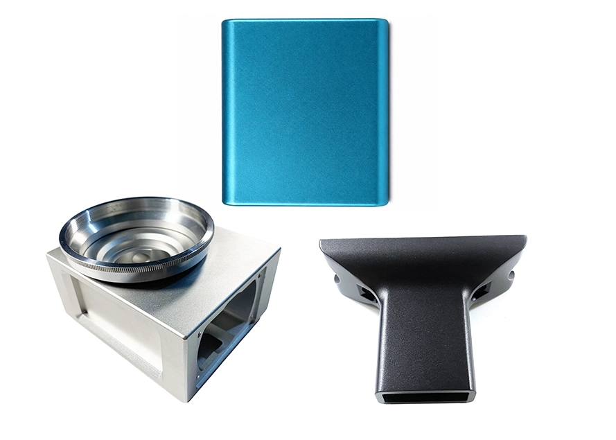 Representative bead-blasted aluminum parts with a matte surface texture.